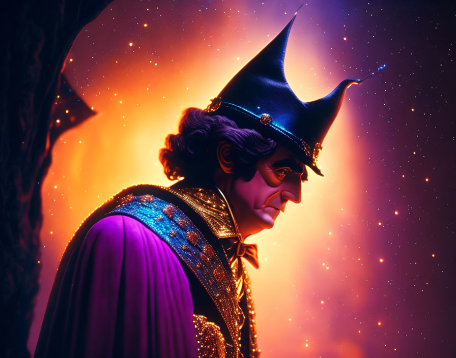 Fantasy character in pointed hat and purple cloak against magical background