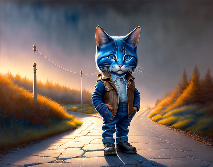 Blue anthropomorphic cat in denim outfit on path at twilight with lanterns and trees.