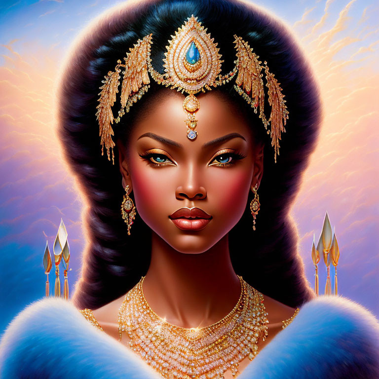 Regal woman digital artwork with gold headdress and blue gem