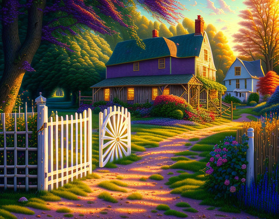 Charming cottage with greenery, picket fence, flowers, and sunlight