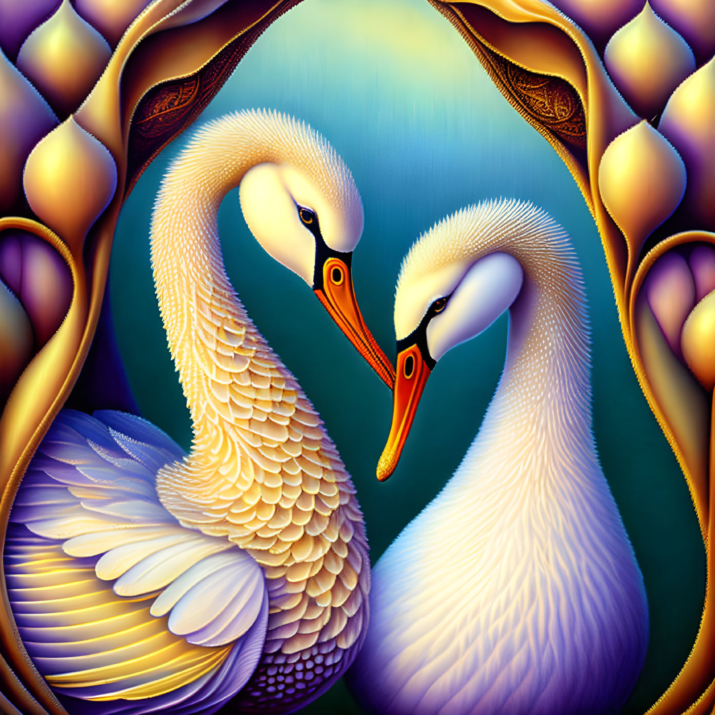 Stylized swans create heart shape on vibrant background