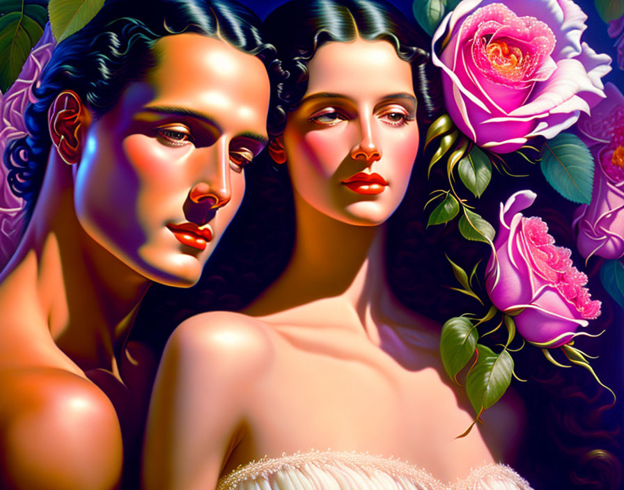 Stylized hyper-realistic portraits of women with vibrant skin tones and pink roses