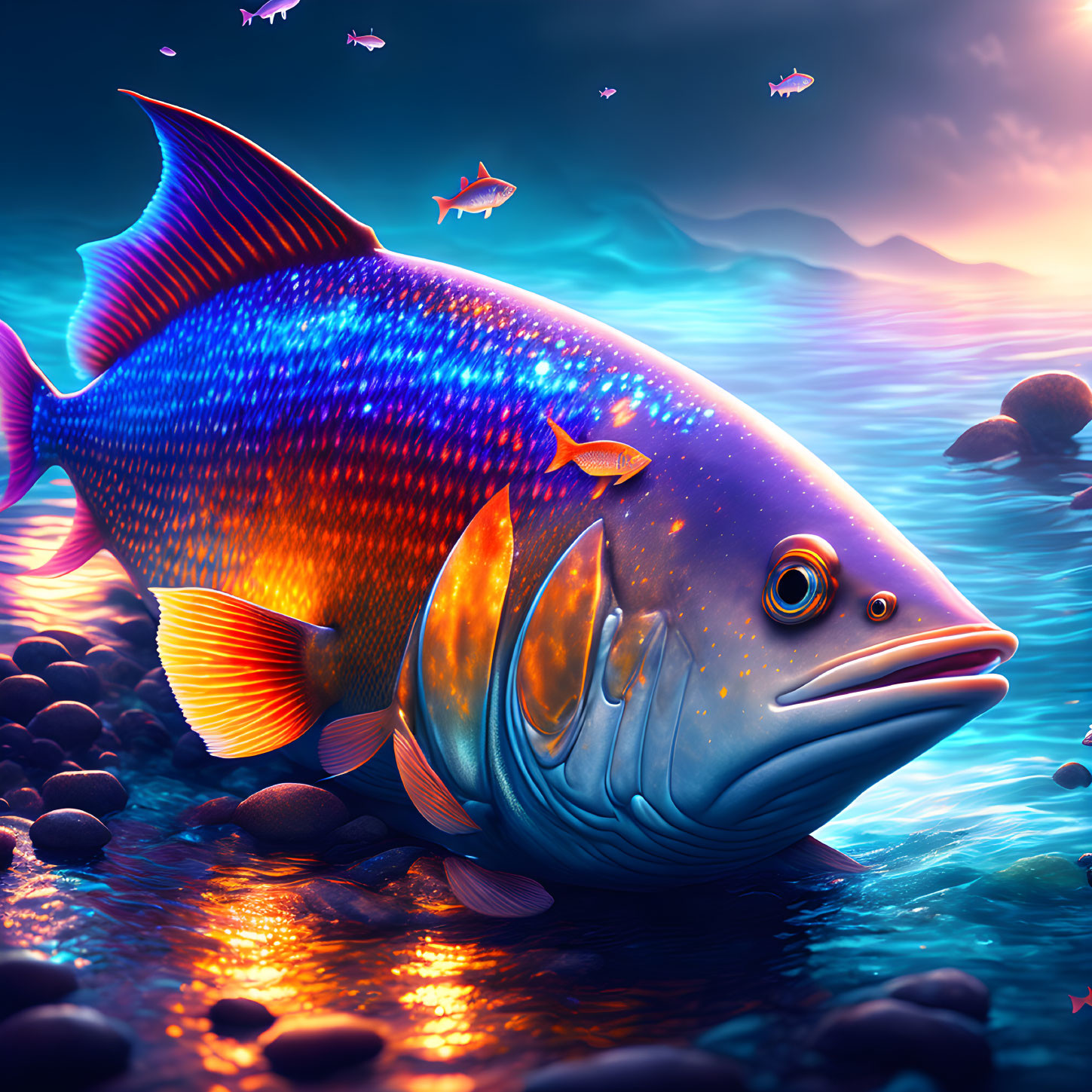 Colorful Digital Artwork: Luminescent Fish in Underwater Scene