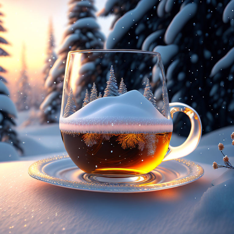 Snowy Winter Scene in Glass Cup with Pine Forest