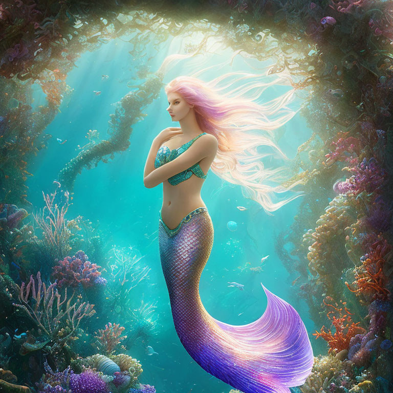 Vibrant tail mermaid with long hair in ocean among coral reefs