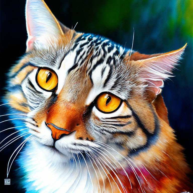 Colorful cat illustration with orange eyes and abstract patterns.