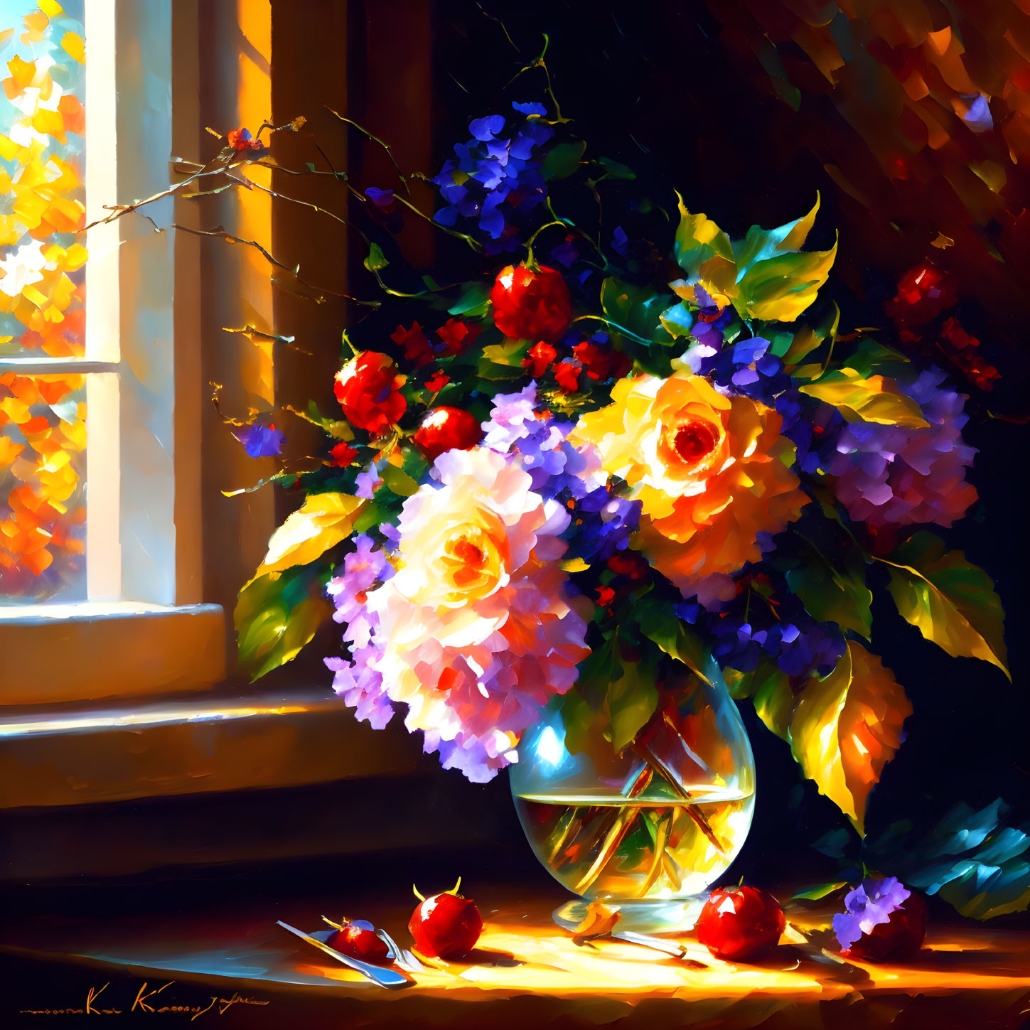 Colorful oil painting of roses and fruits in sunlight