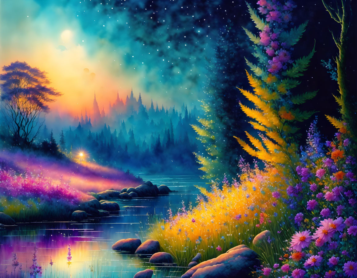 Colorful fantasy landscape with starry sky, luminous moon, and reflective water