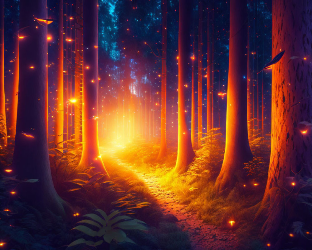 Enchanted night forest with glowing path and firefly lights