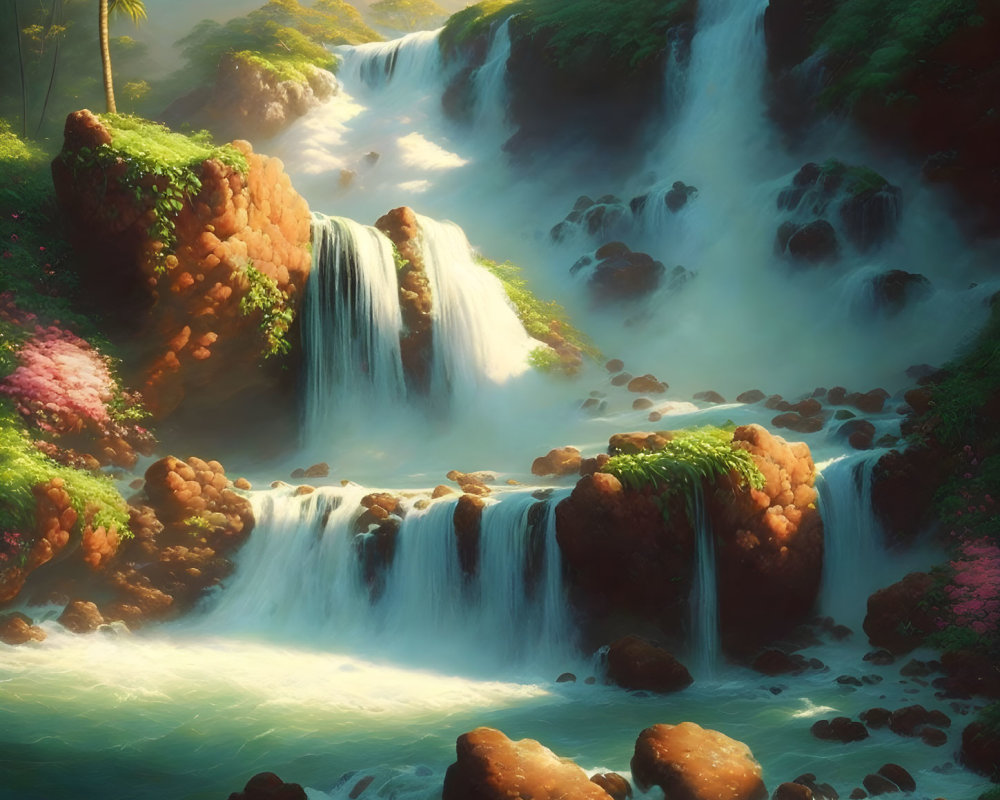 Tranquil Waterfalls in Lush Greenery with Mountain Backdrop