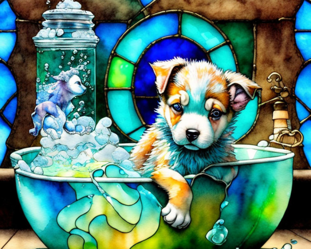 Colorful Puppy Bubble Bath Illustration with Rubber Duck and Stained Glass Window Background