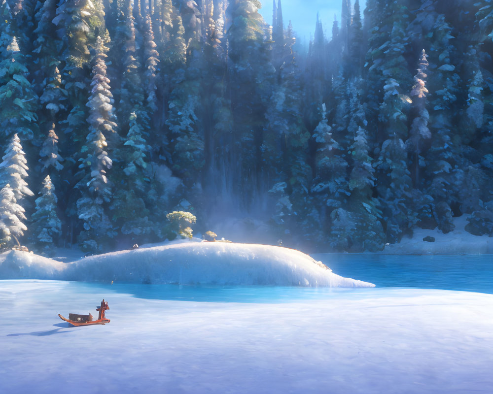 Frozen lake with sled, snowy pines, and waterfall in serene winter landscape