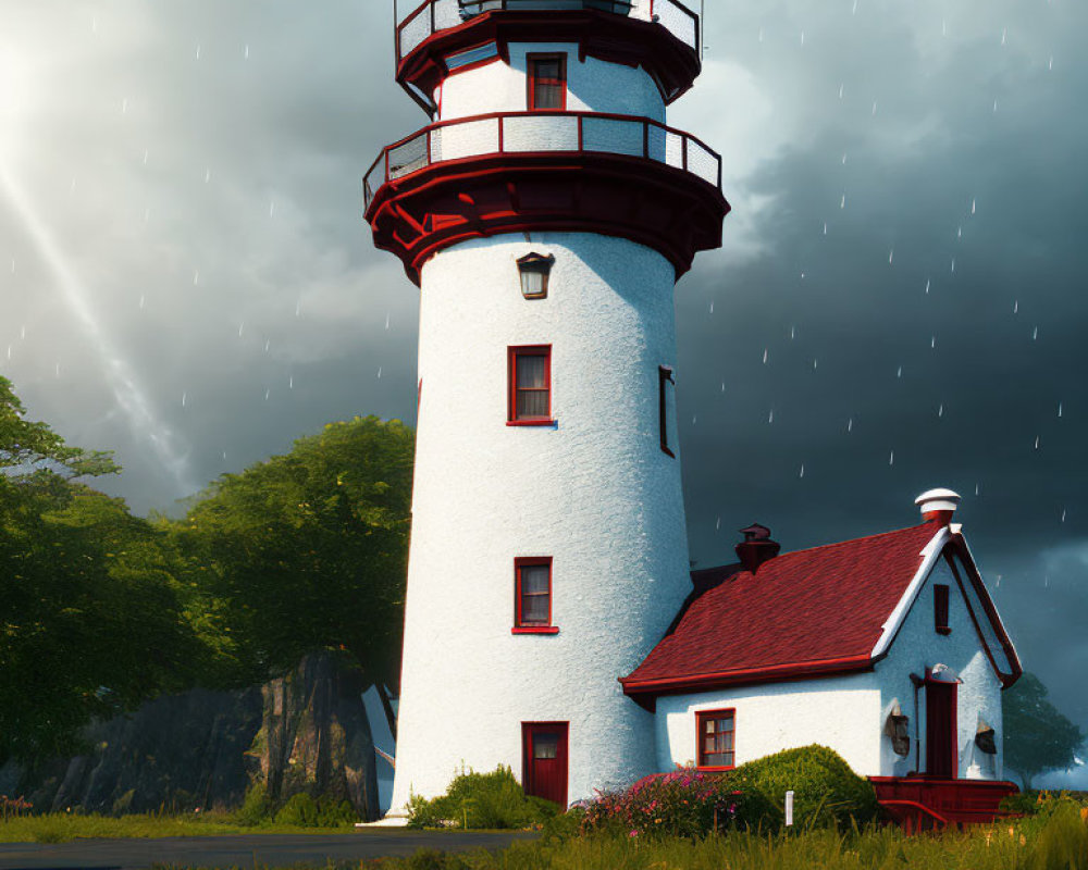 White lighthouse with red trim on grassy shoreline in stormy weather with small house and rain.