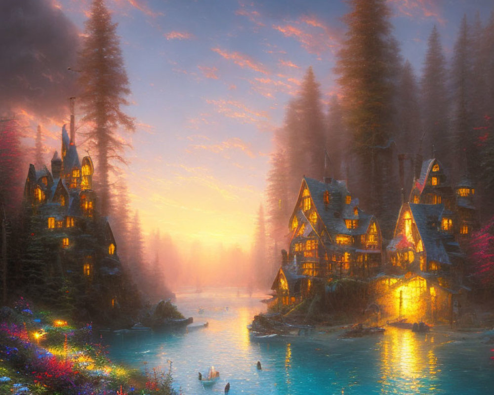 Picturesque fairytale village at sunset by turquoise lake with blooming flowers, towering trees