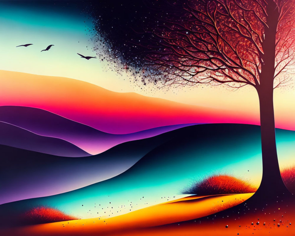 Vibrant digital artwork of lone tree against twilight sky gradient