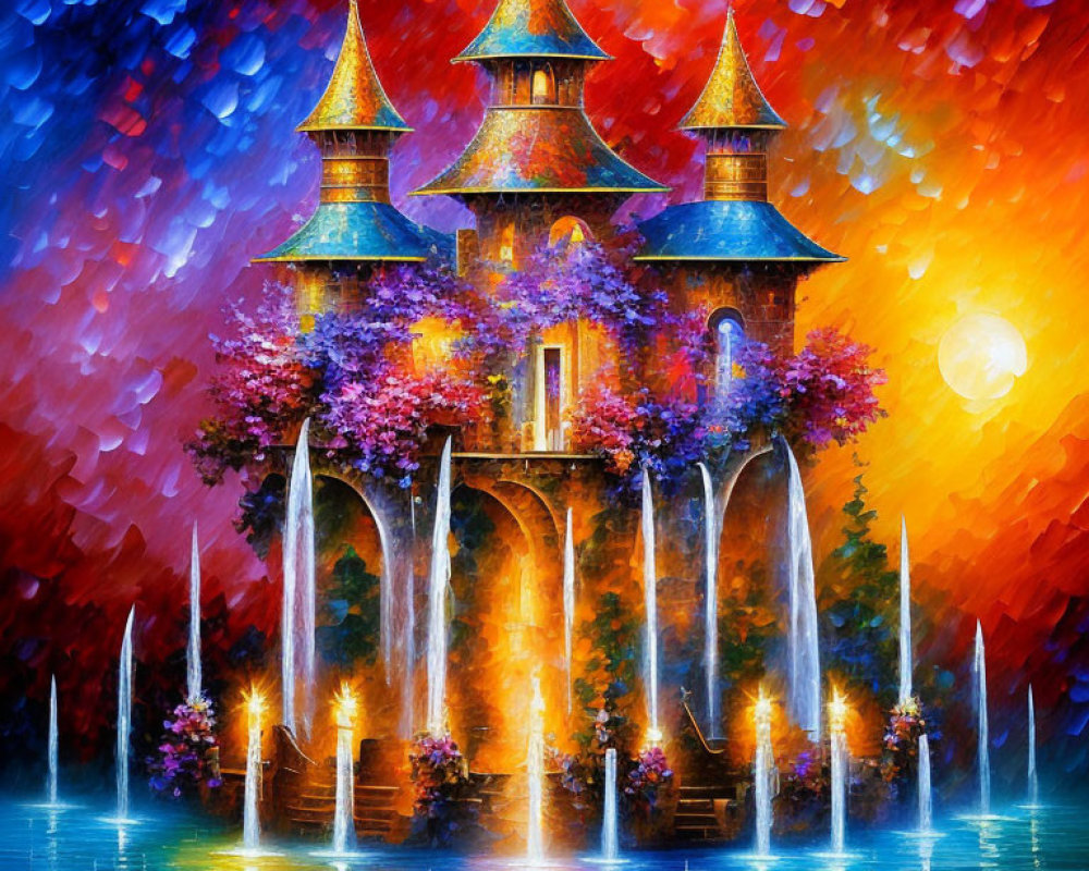 Colorful Fairytale Castle Painting with Turrets, Flowers, and Twilight Sky