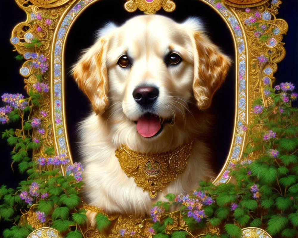 Golden retriever head framed by ornate mirror with jewels and flowers on black background