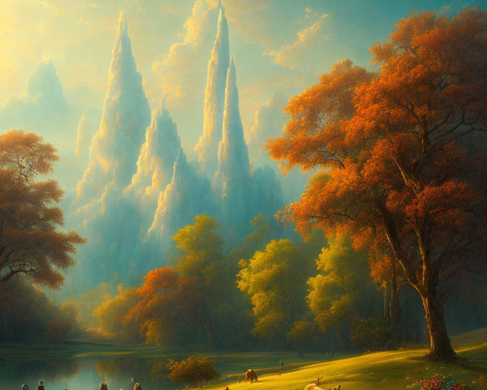 Tranquil landscape with towering spires, river, autumn tree, people, and animals