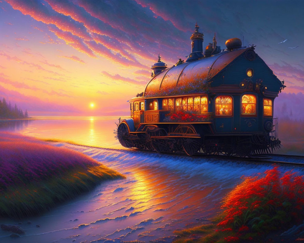 Vintage-Style Train Traveling Riverside at Sunset