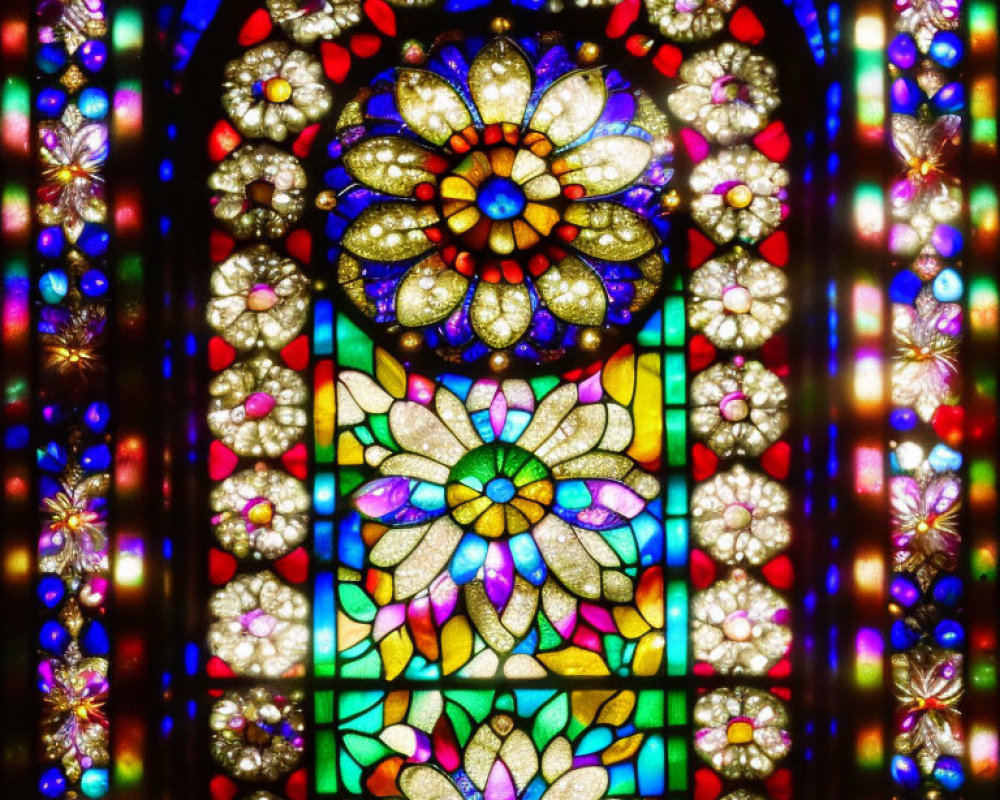 Vibrant stained glass window with floral and geometric designs