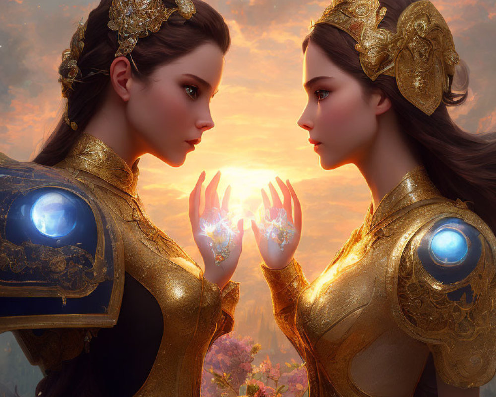 Identical female figures in golden armor holding glowing element at sunset