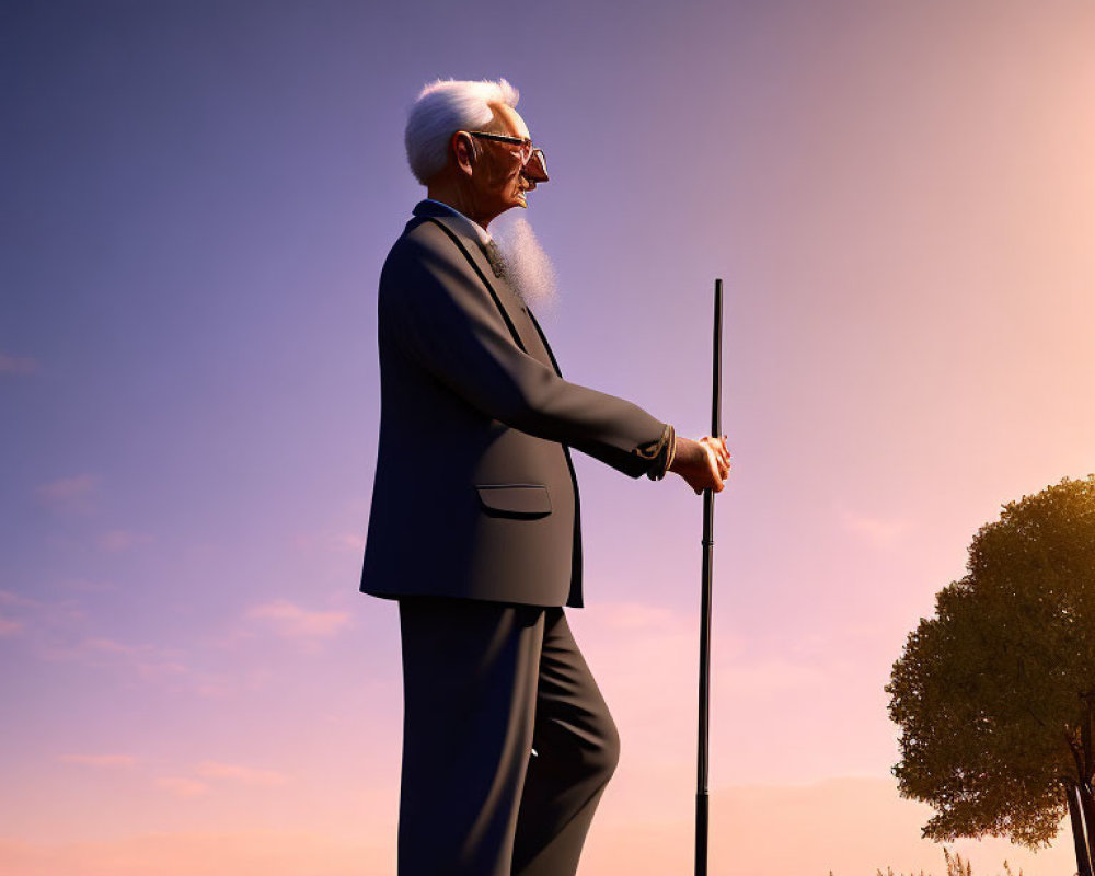 White-haired elderly man in suit and glasses leans on stick in field at sunset