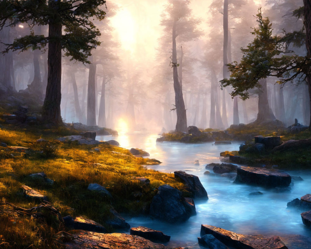 Tranquil forest landscape with glowing sun, mist, stream, and stones