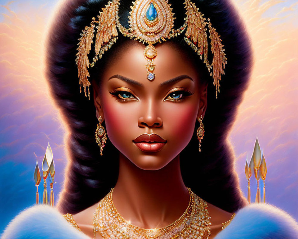 Regal woman digital artwork with gold headdress and blue gem