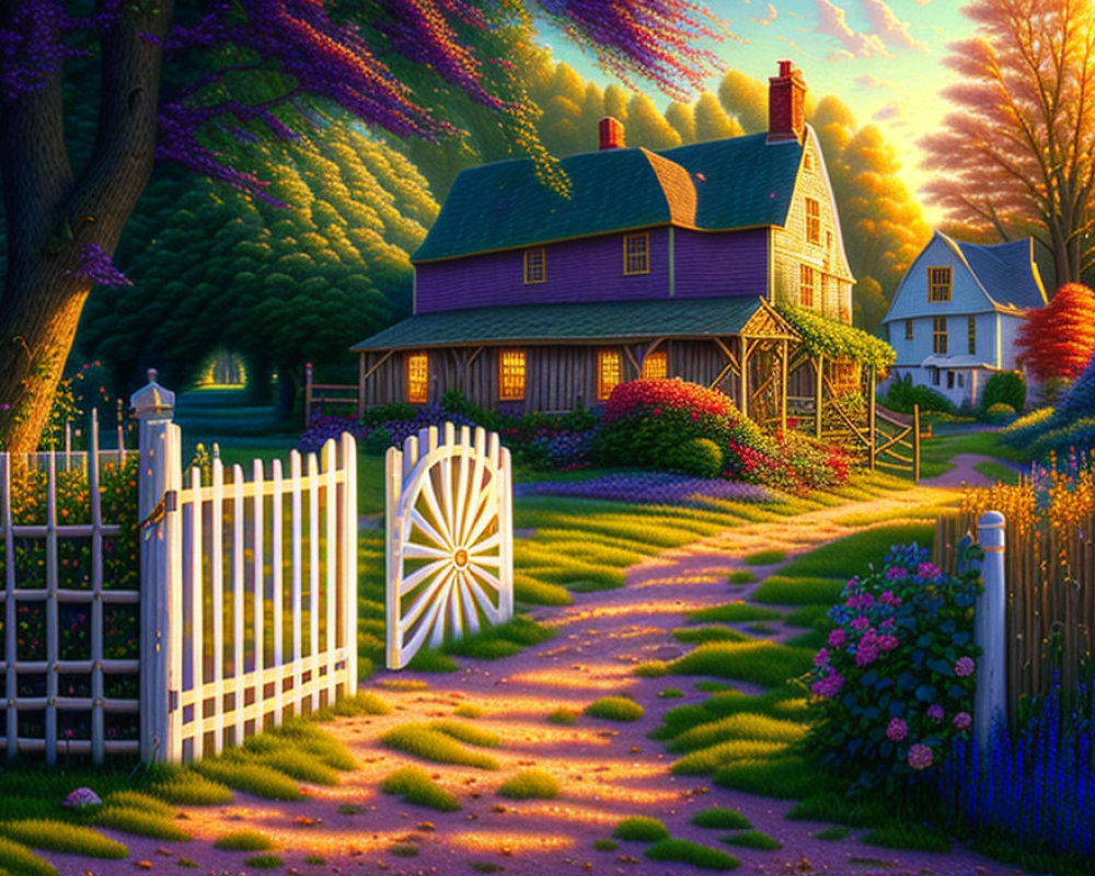 Charming cottage with greenery, picket fence, flowers, and sunlight