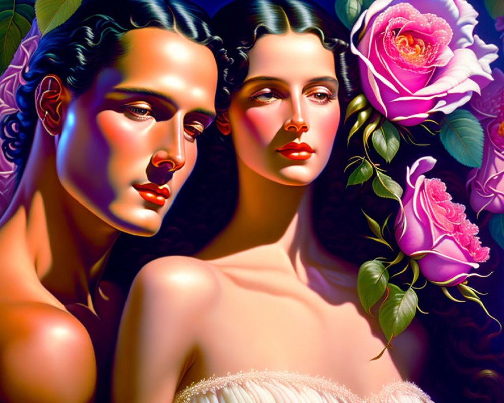 Stylized hyper-realistic portraits of women with vibrant skin tones and pink roses