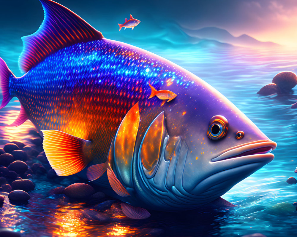 Colorful Digital Artwork: Luminescent Fish in Underwater Scene