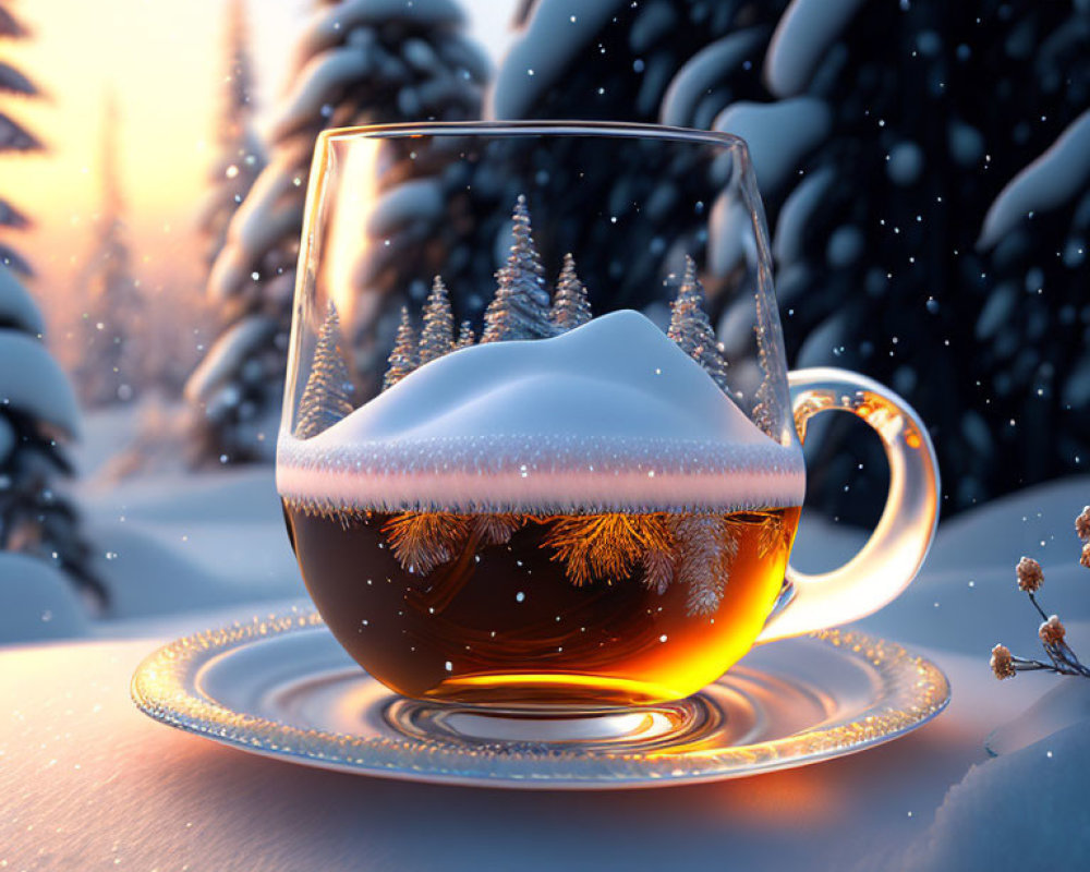 Snowy Winter Scene in Glass Cup with Pine Forest