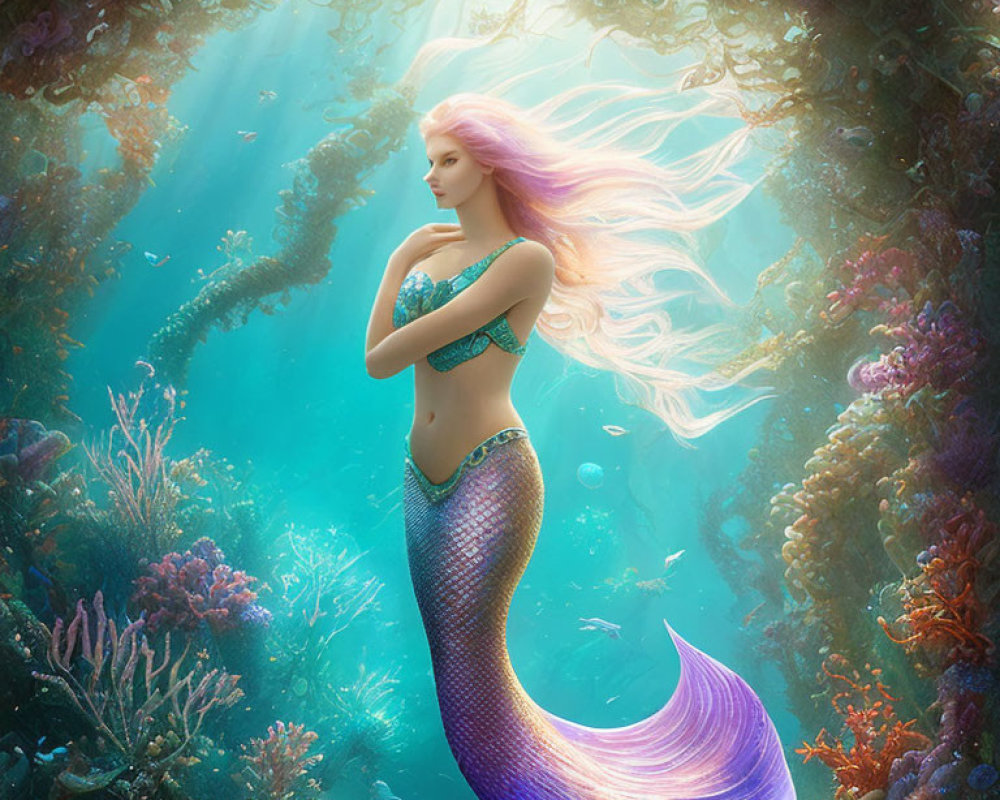 Vibrant tail mermaid with long hair in ocean among coral reefs