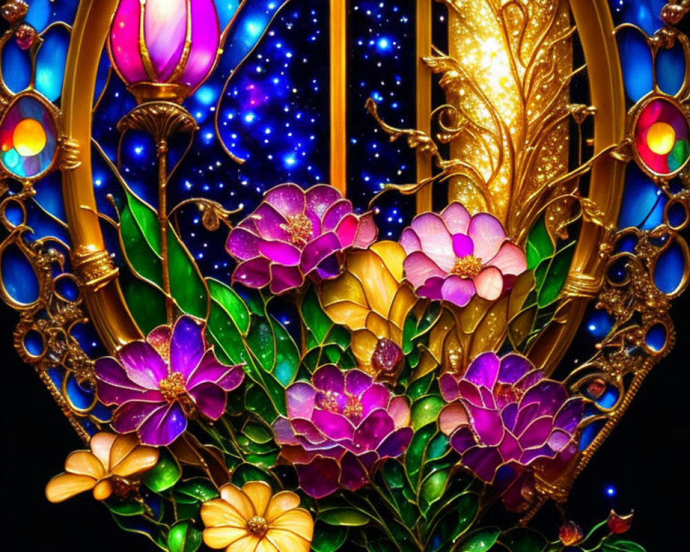 Golden Gate with Stained Glass Flowers Against Starry Night Sky