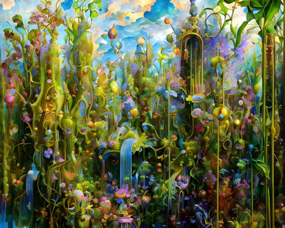 Fantastical landscape with lush flora, whimsical fauna, and floating balloons.