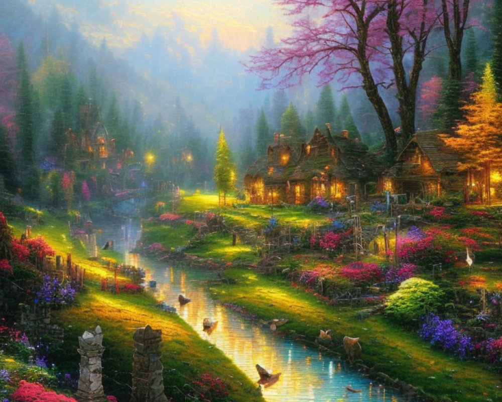 Picturesque village with cozy cottages, river, gardens, blooming trees, and wildlife at sunset