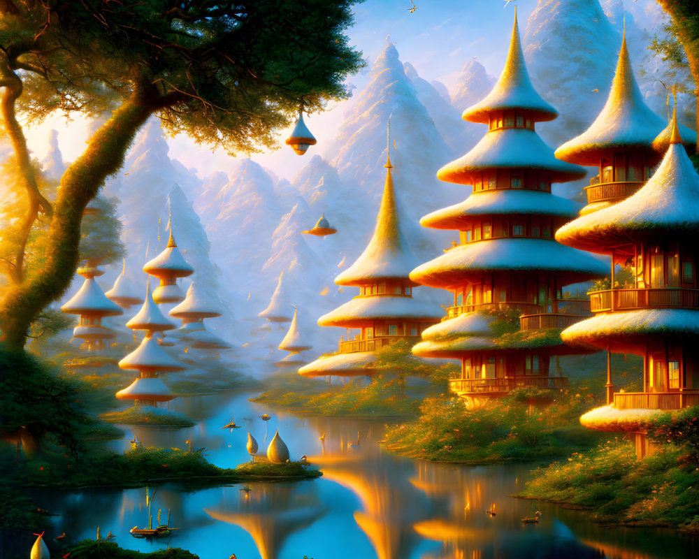 Mystical landscape with pagoda-like structures, trees, river, and birds