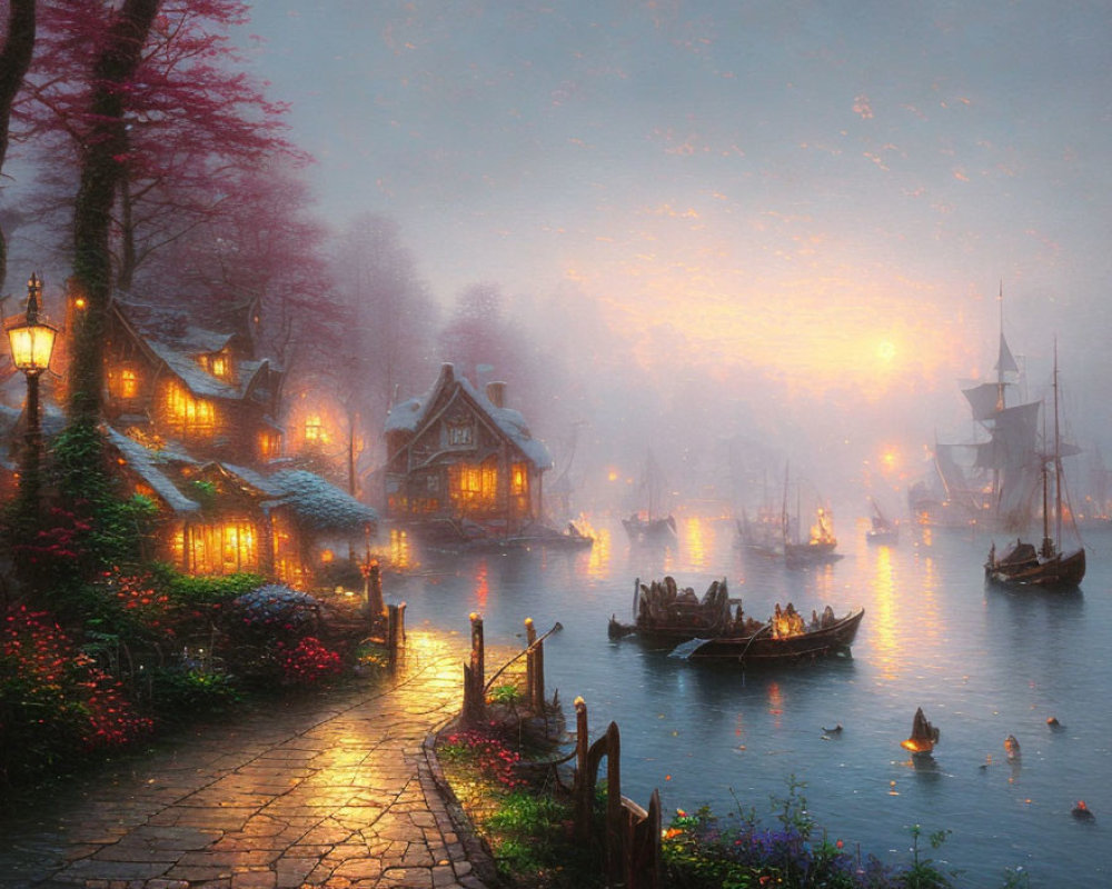 Serene fantasy village at dusk with lit street lamps, cobblestone paths, thatched-roof