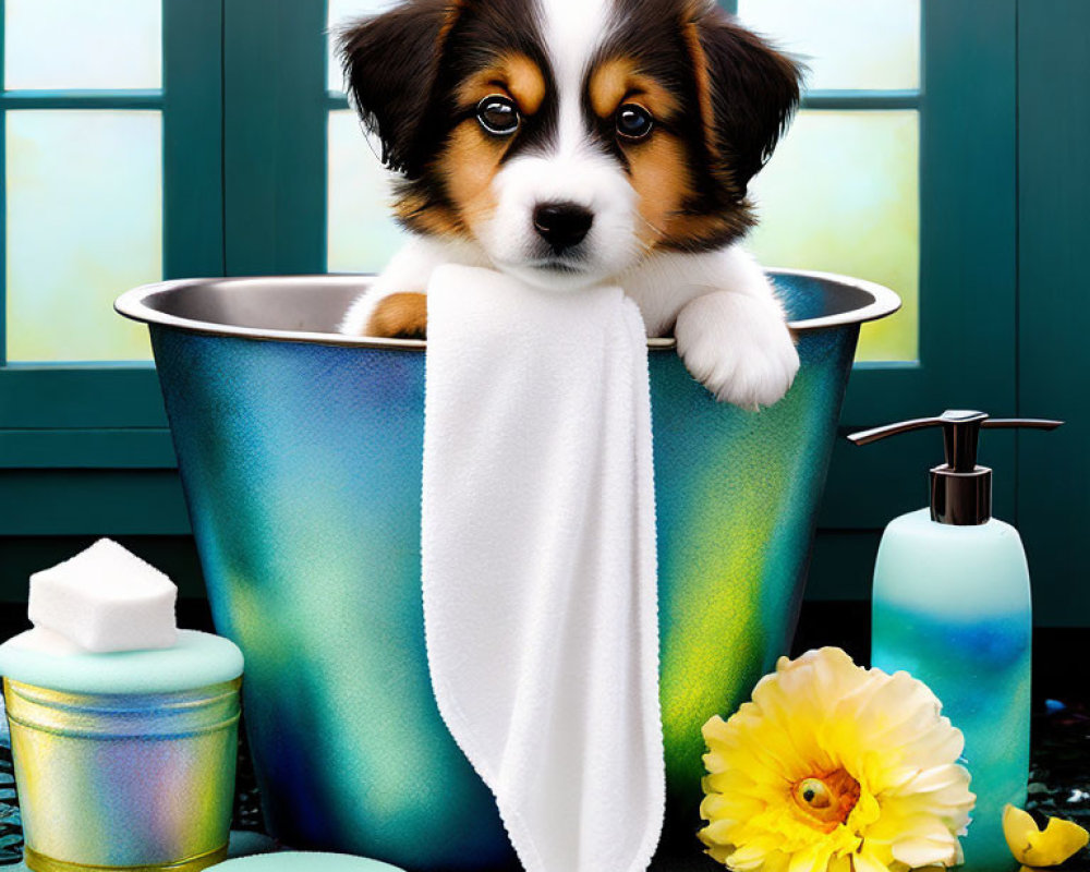 Adorable puppy bathed in basin with soap and flower