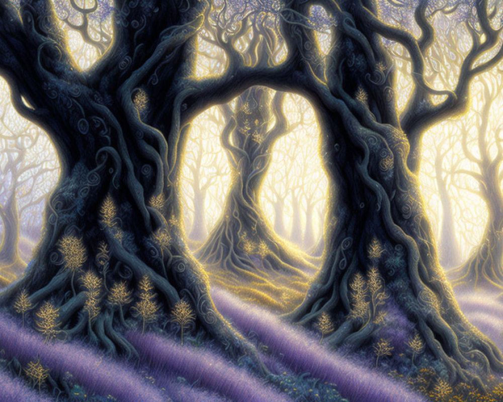 Twisted trees and purple flora in mystical forest scene