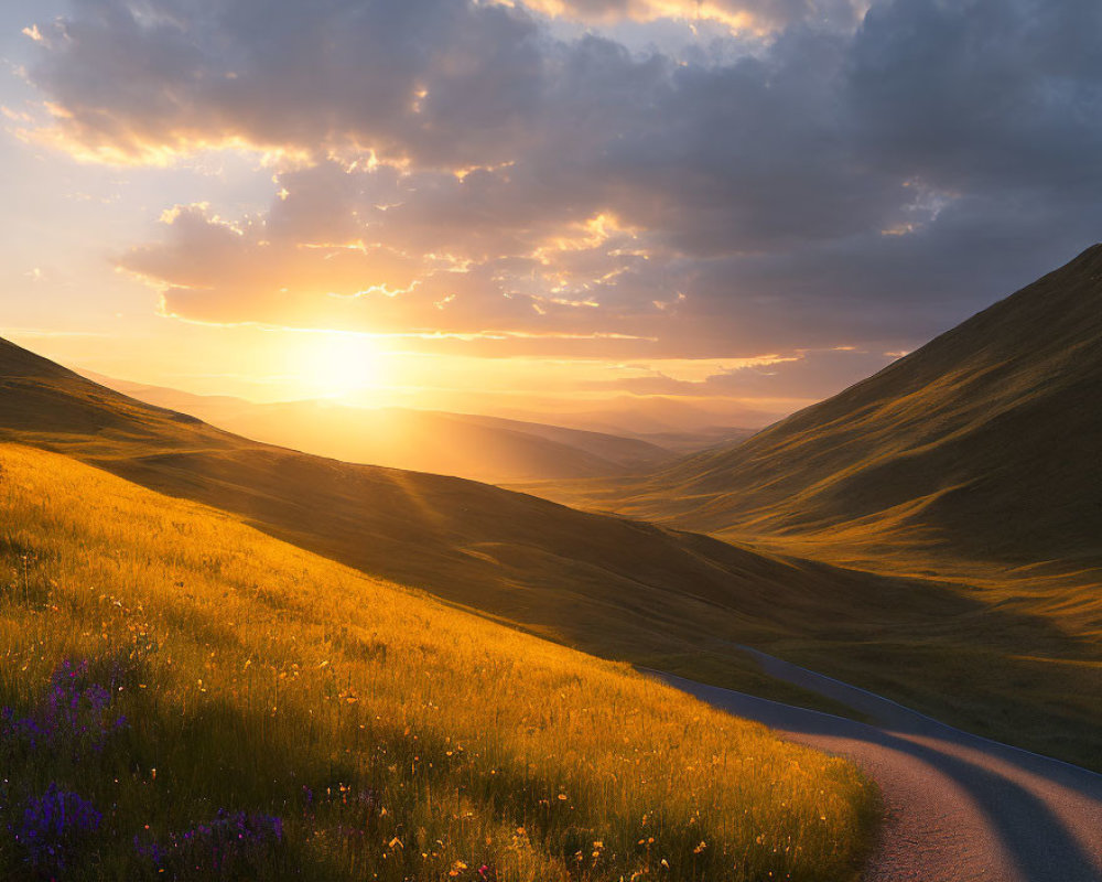 Scenic sunset over winding road and lush hills