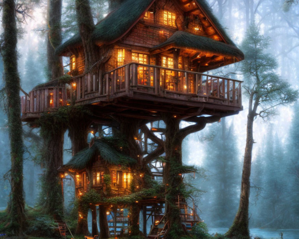 Enchanting treehouse in misty twilight forest with lit windows