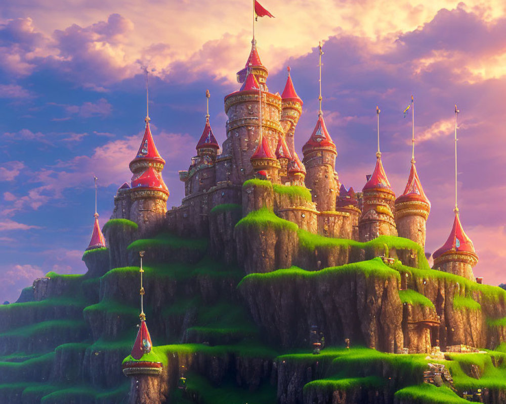 Majestic castle with spires on verdant hill under purple sky