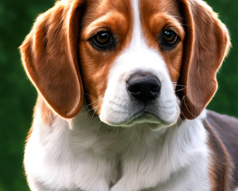 Tricolor Beagle with Brown Eyes and Floppy Ears on Soft Green Background