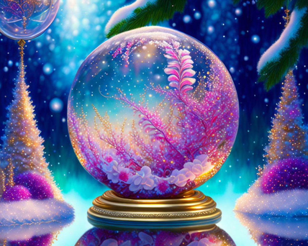 Colorful Snow Globe with Pink Tree and Christmas Trees Under Starry Sky