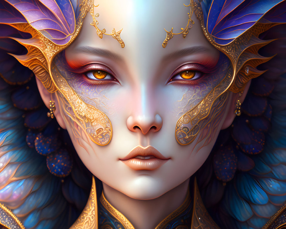 Fantastical portrait of being with ornate golden facial adornments