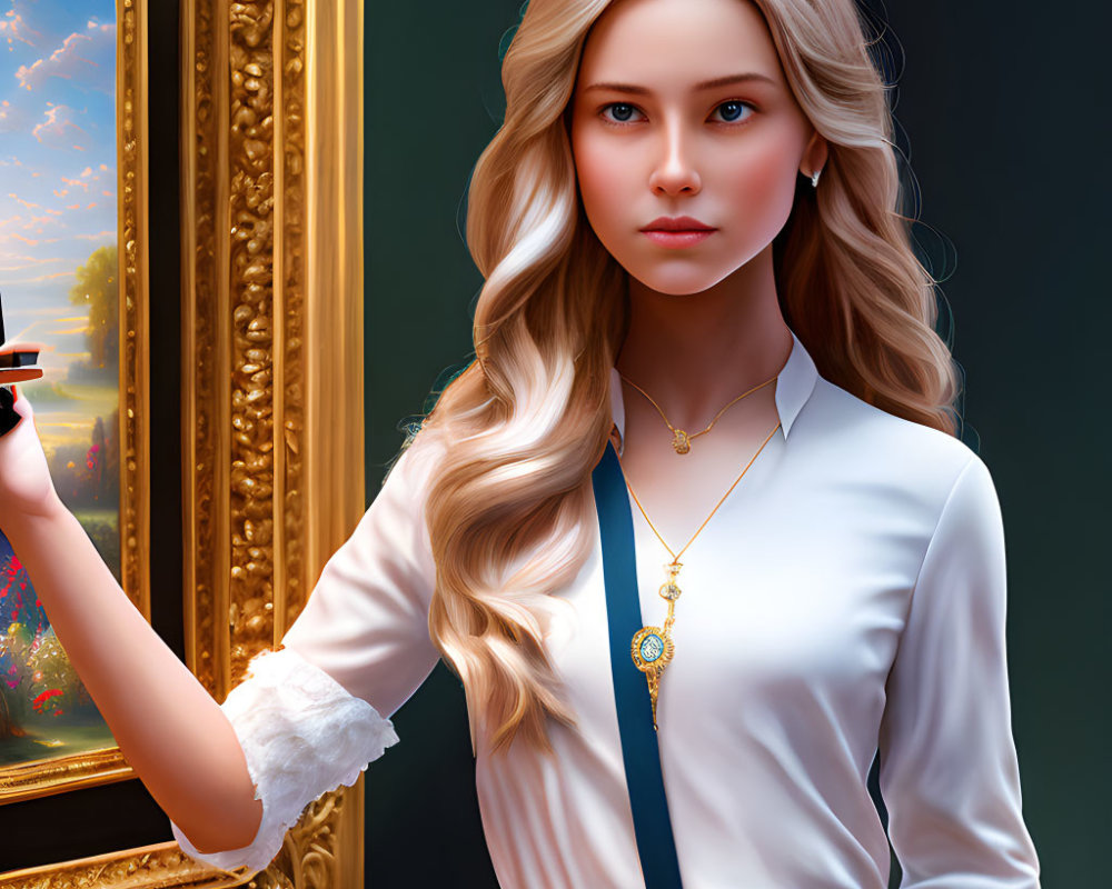 Blonde Woman Portrait in White Blouse Holding Picture Frame