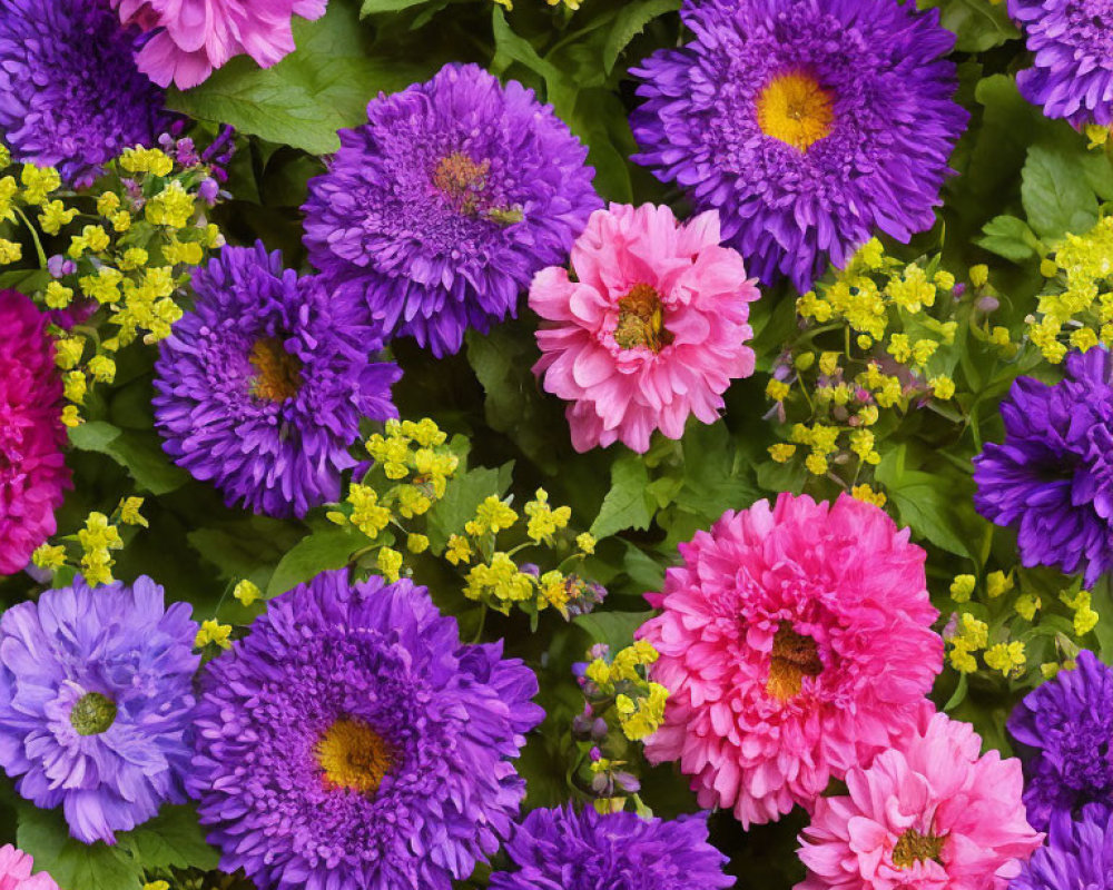 Colorful Purple, Pink, and Yellow Flowers in Full-Frame Floral Arrangement