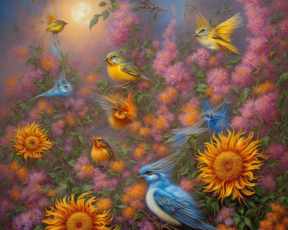 Colorful Birds Flying Among Flowers and Sunflowers in Moonlit Sky