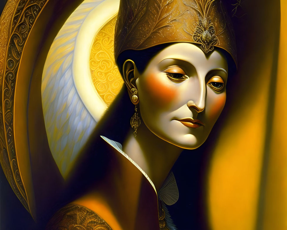 Golden-hued woman portrait with headdress and crescent moon background